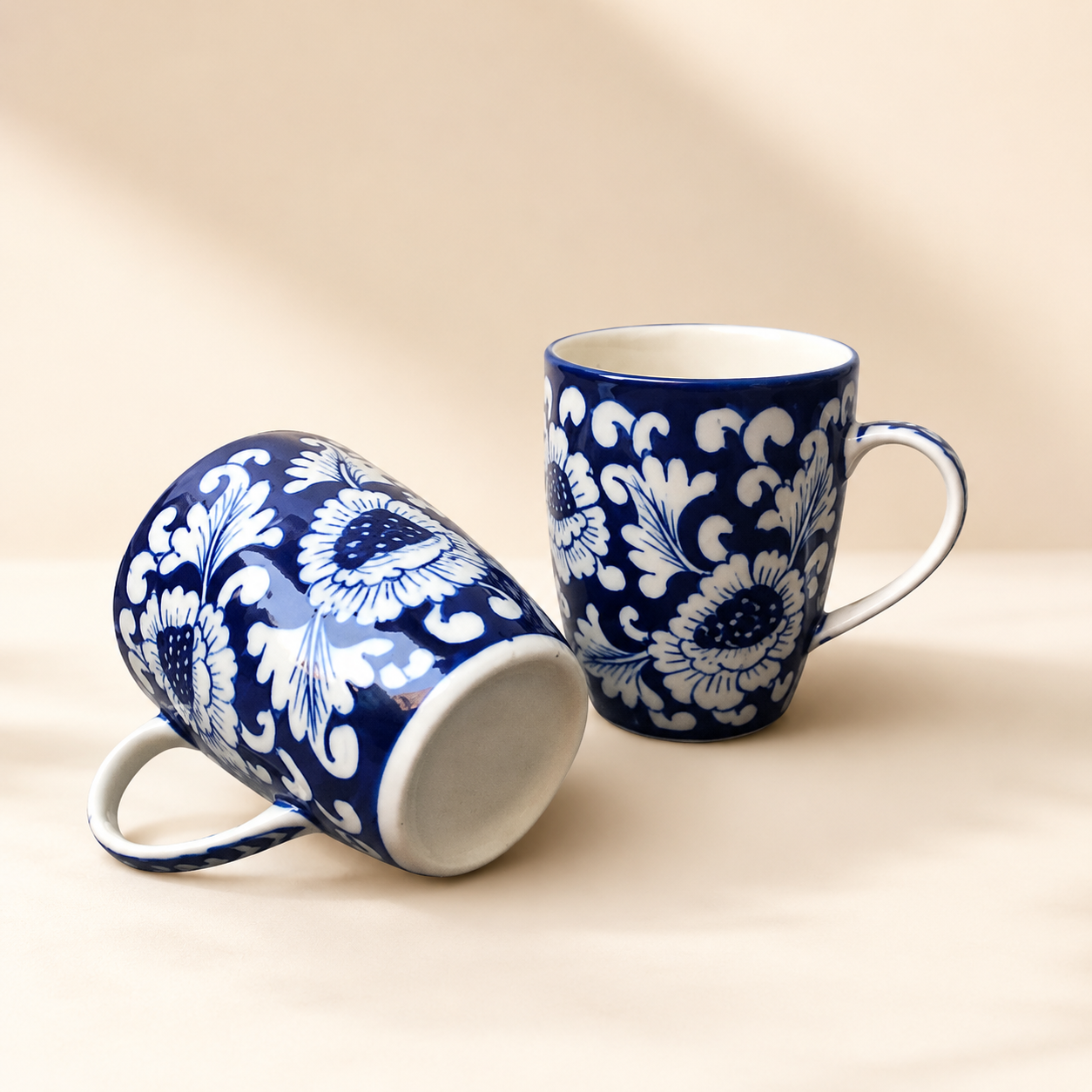 Blue Flower Large Mugs Set of 2 – Hand-Painted Ceramic Blue Pottery Mugs