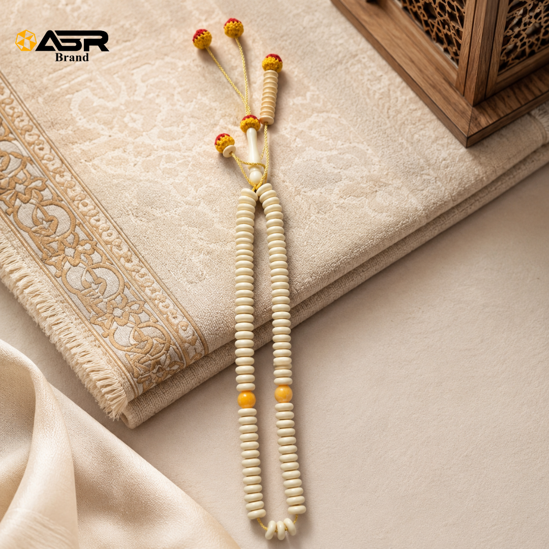 Elegant Ivory Tasbih with Gold Cord and Accent Beads