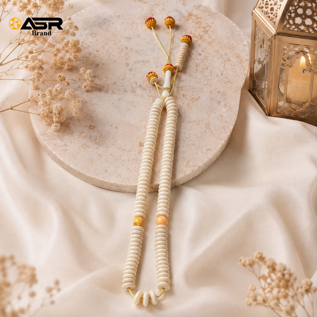 Elegant Ivory Tasbih with Gold Cord and Accent Beads