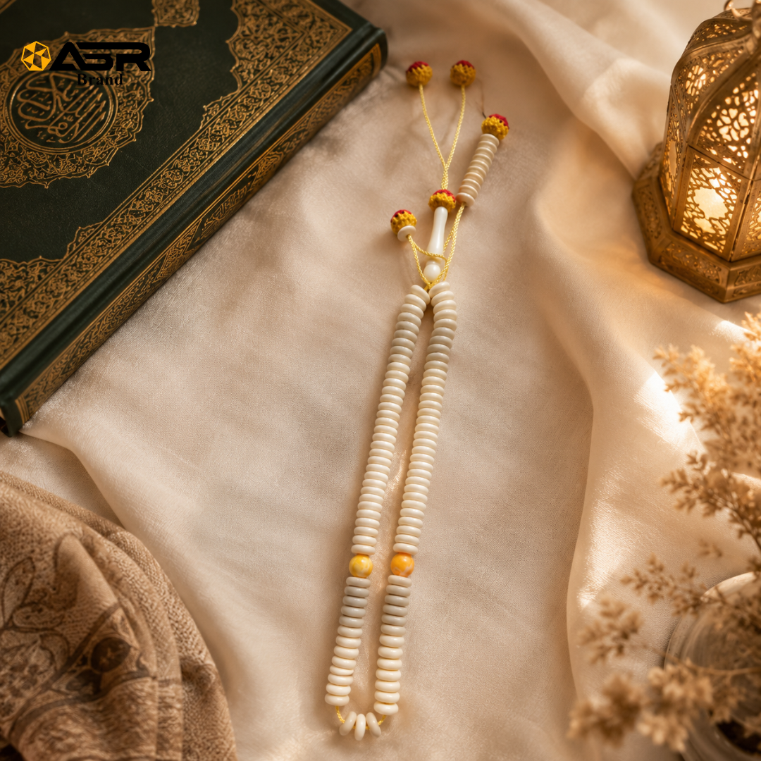 Elegant Ivory Tasbih with Gold Cord and Accent Beads