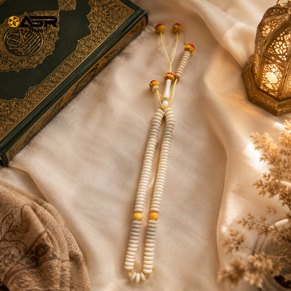 Elegant Ivory Tasbih with Gold Cord and Accent Beads
