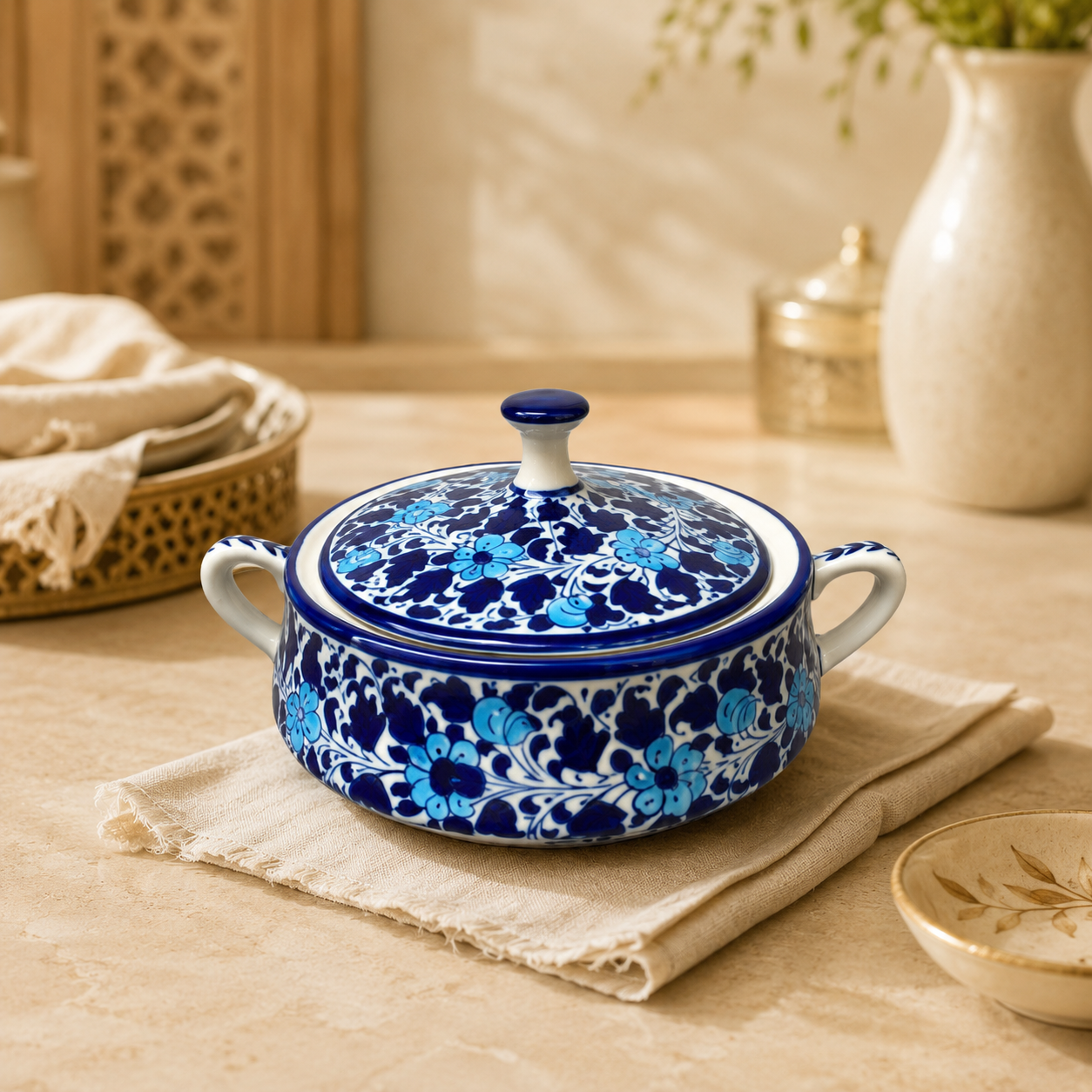 Light Serina Blue Covered Pot – Hand-Painted Ceramic Blue Pottery Serving Pot