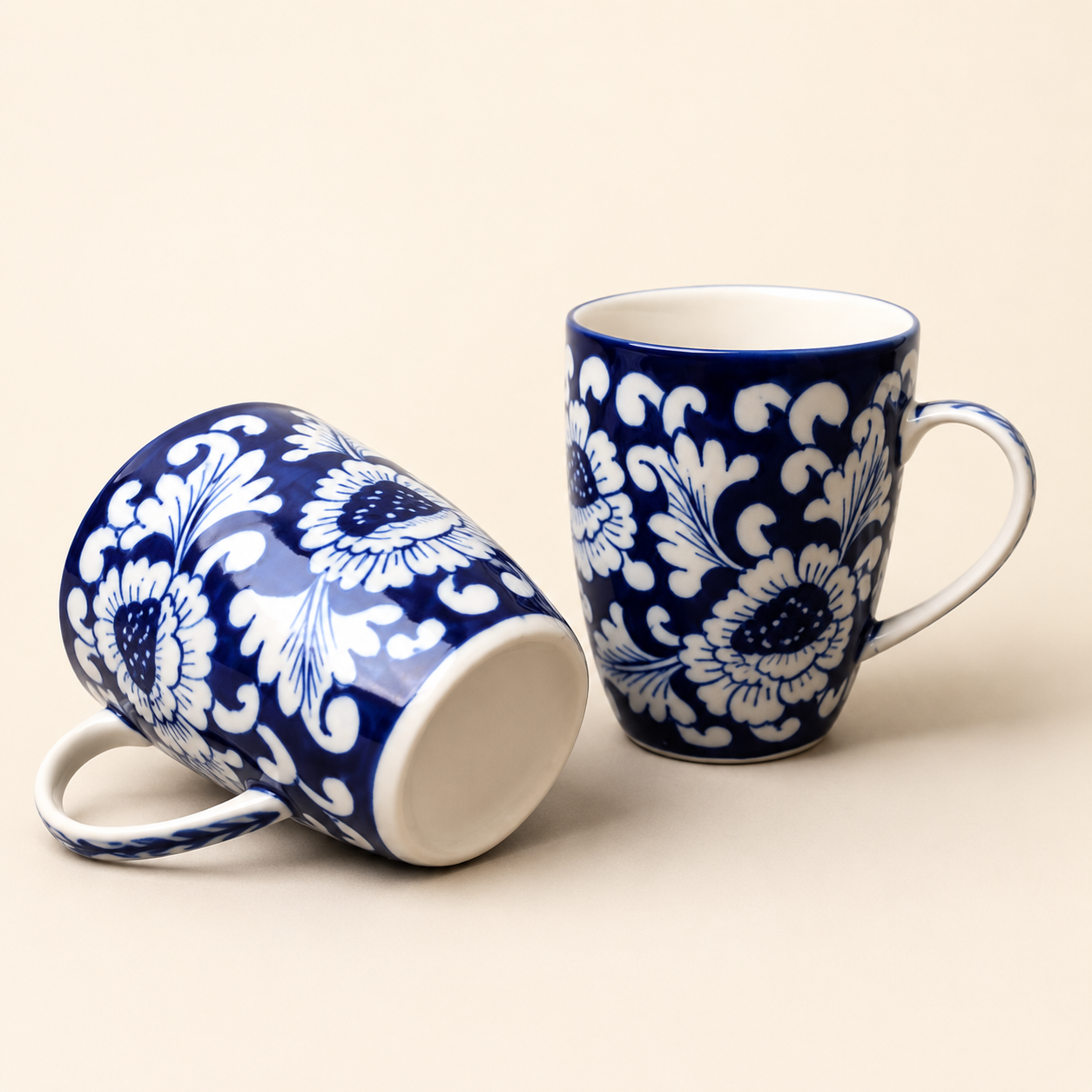 Blue Flower Large Mugs Set of 2 – Hand-Painted Ceramic Blue Pottery Mugs