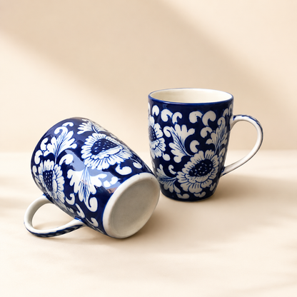 Blue Flower Large Mugs Set of 2 – Hand-Painted Ceramic Blue Pottery Mugs
