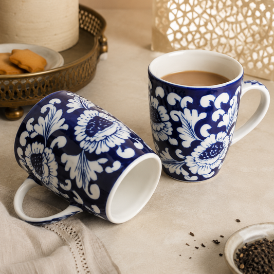 Blue Flower Large Mugs Set of 2 – Hand-Painted Ceramic Blue Pottery Mugs