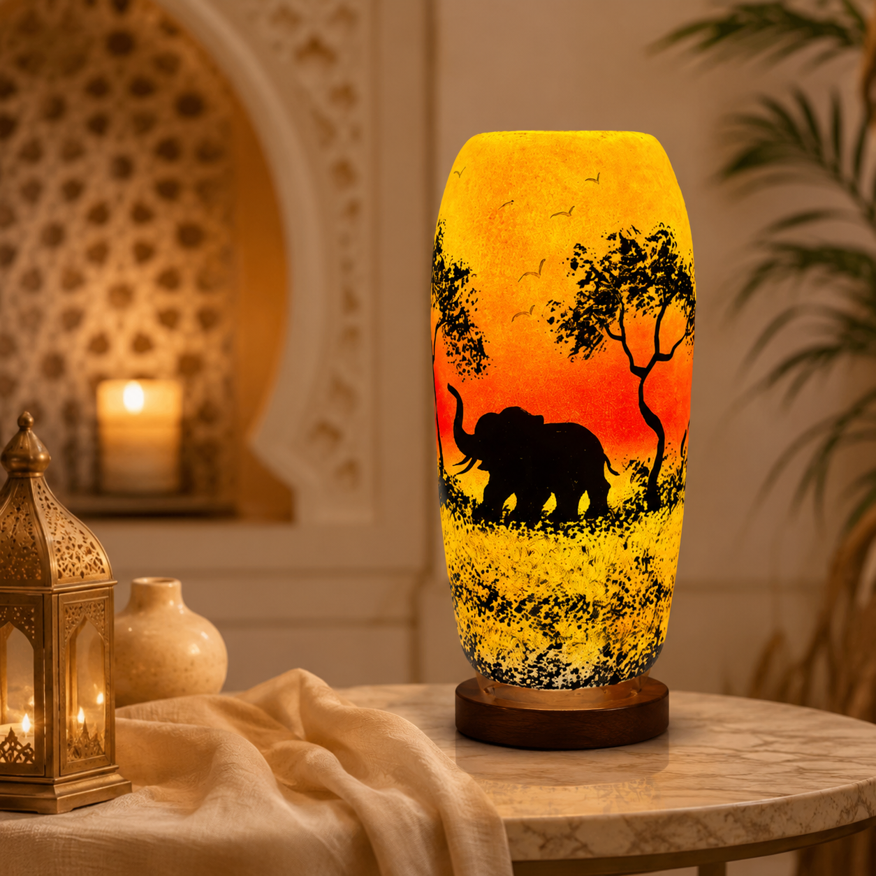 Bottle Shaped Camel Skin Lamp with Elephant Design – Handmade Decorative Table Lamp