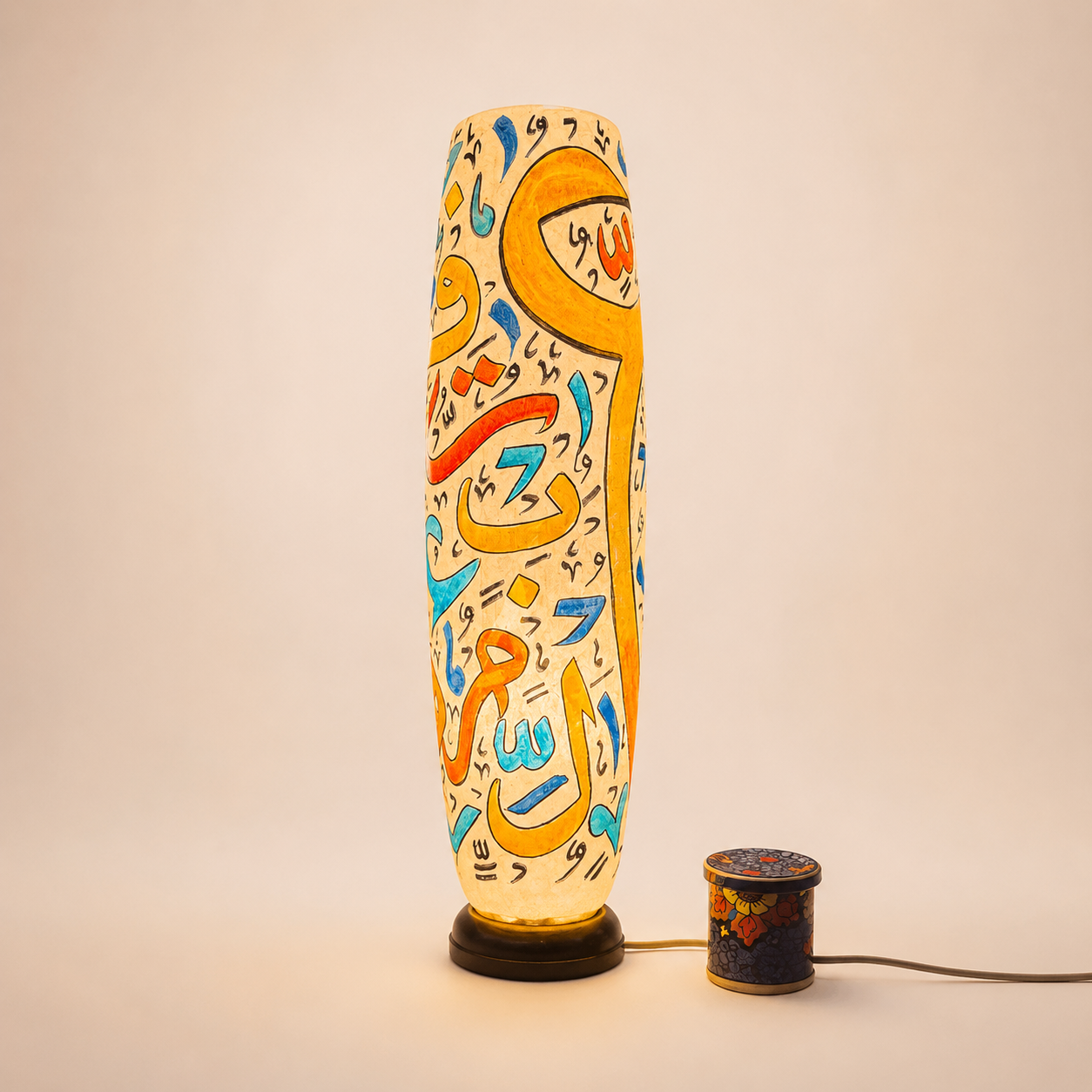 Arabic Calligraphy Camel Skin Lamp with Wooden Base – Handmade Decorative Table Lamp