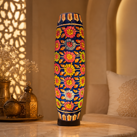 Handmade Floral Camel Skin Lamp with Wooden Base – Colorful Decorative Table Lamp