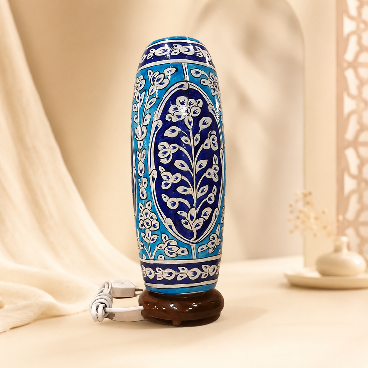 Blue Floral Camel Skin Lamp with Wooden Base – Handmade Decorative Table Lamp