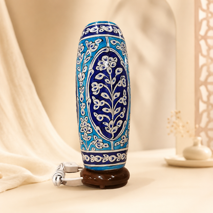 Blue Floral Camel Skin Lamp with Wooden Base – Handmade Decorative Table Lamp
