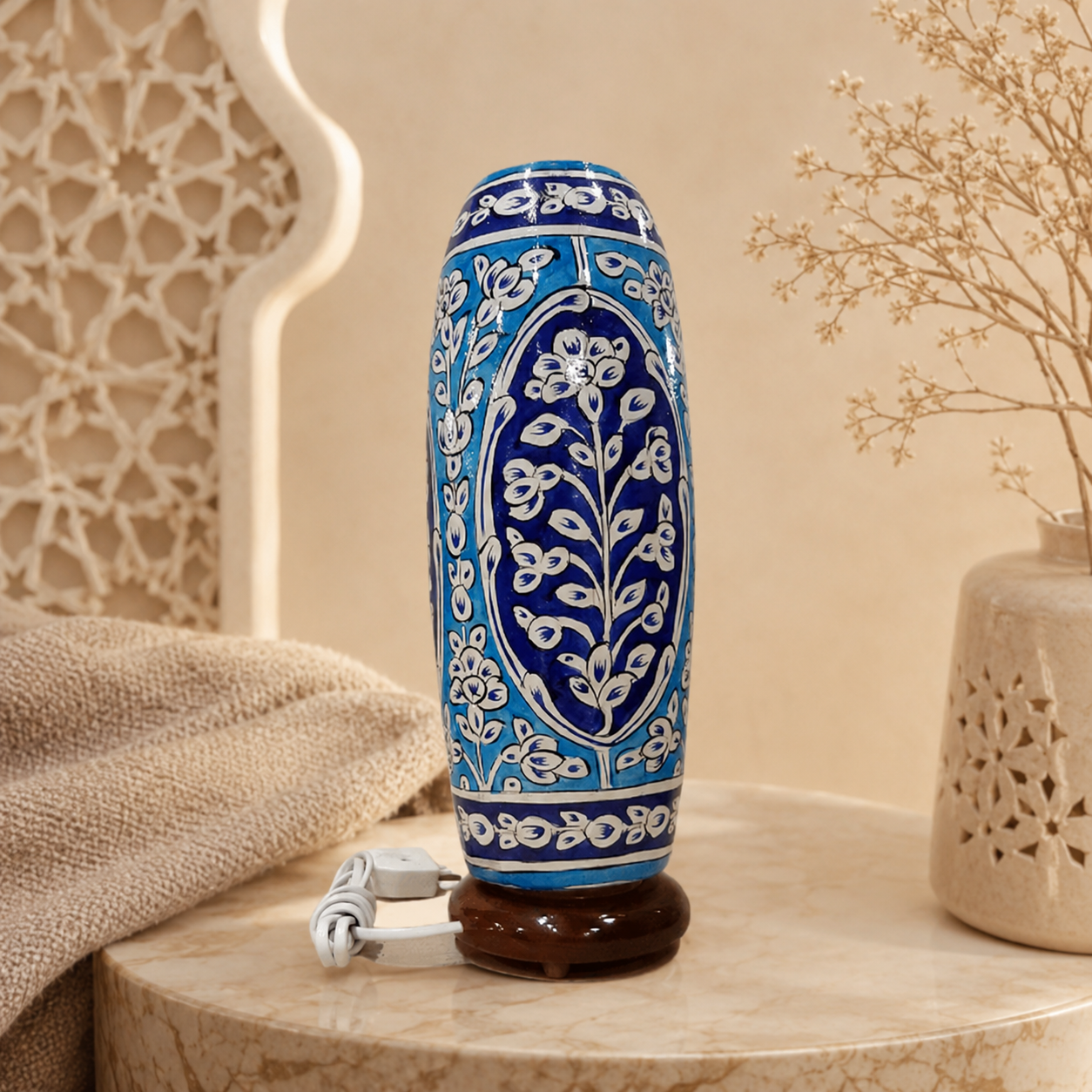 Blue Floral Camel Skin Lamp with Wooden Base – Handmade Decorative Table Lamp