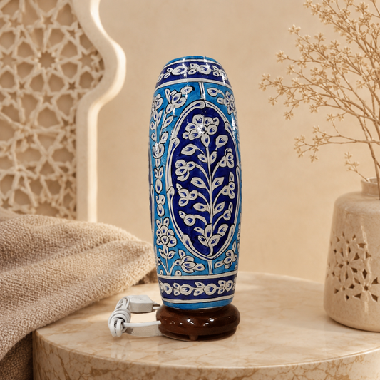 Blue Floral Camel Skin Lamp with Wooden Base – Handmade Decorative Table Lamp