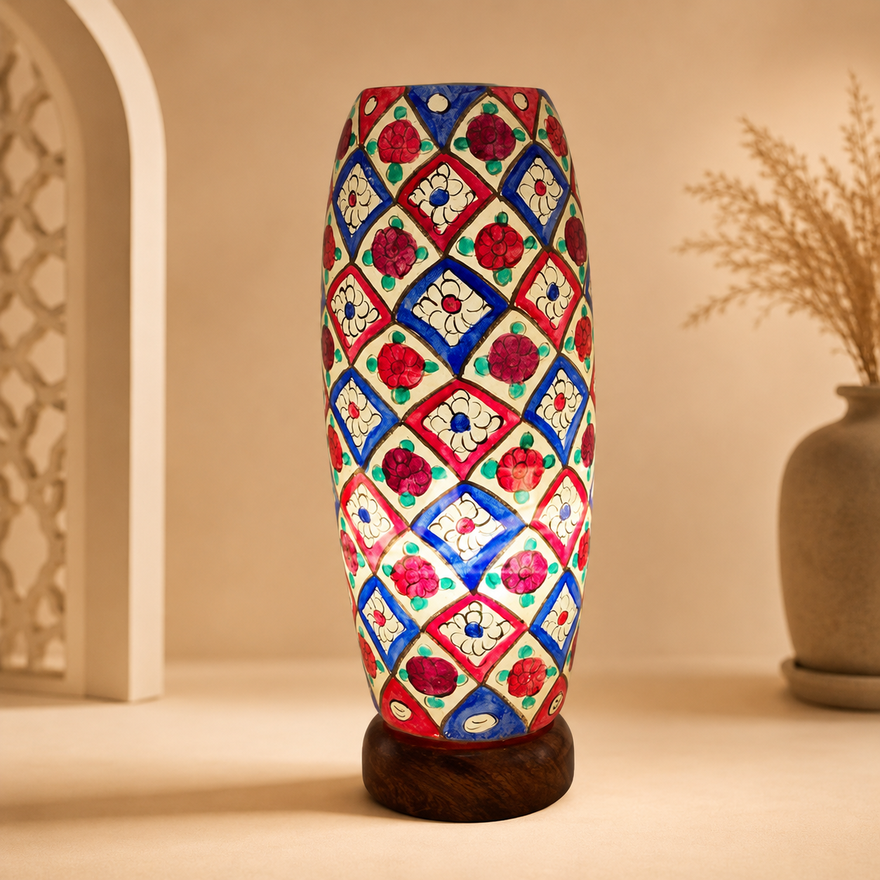 Colorful Mosaic Camel Skin Lamp with Wooden Base – Handmade Decorative Table Lamp