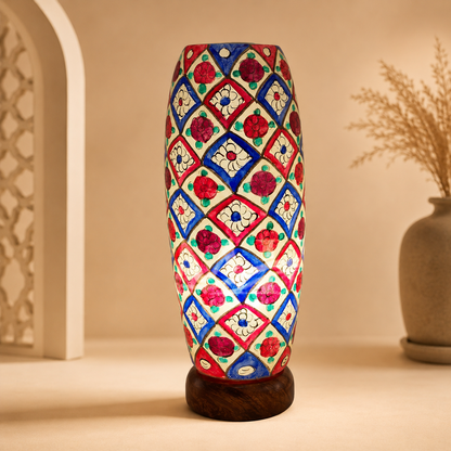 Colorful Mosaic Camel Skin Lamp with Wooden Base – Handmade Decorative Table Lamp