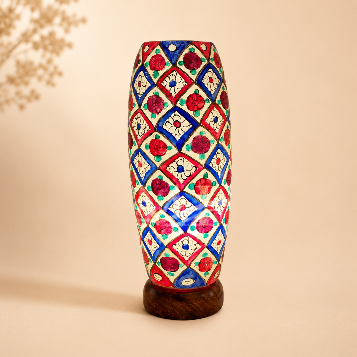 Colorful Mosaic Camel Skin Lamp with Wooden Base – Handmade Decorative Table Lamp