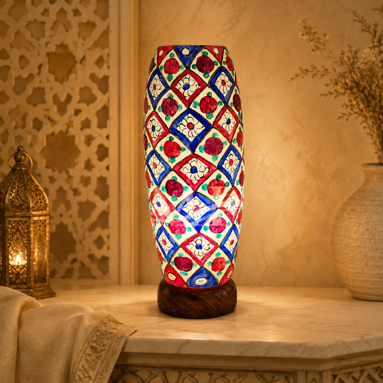 Colorful Mosaic Camel Skin Lamp with Wooden Base – Handmade Decorative Table Lamp